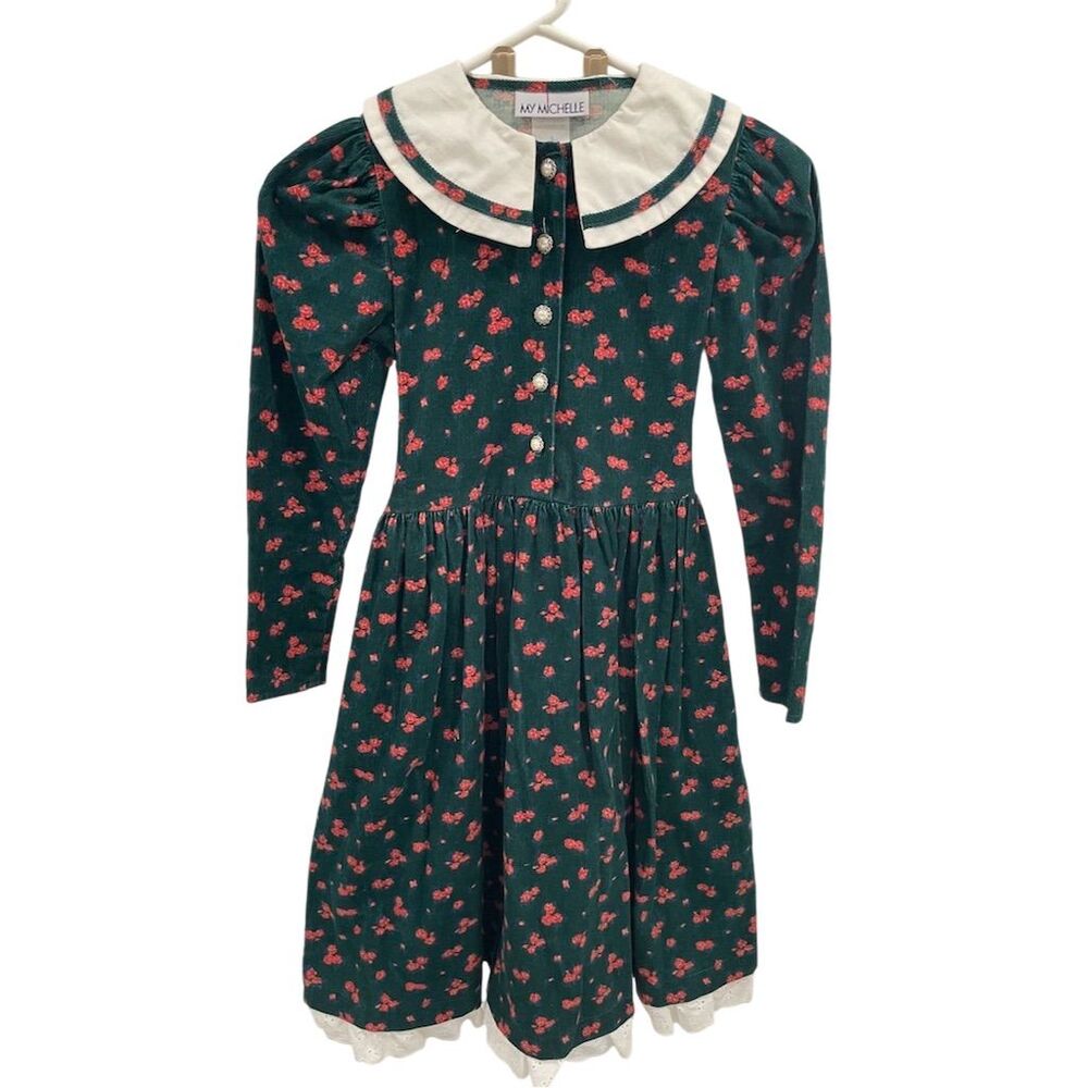 My Michelle Vintage 1980s Floral Corduroy Dress Green Size 8 Girls